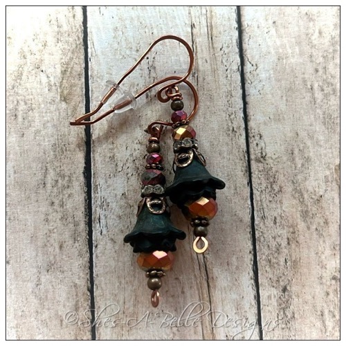 Midnight Fairy Flower Drop Earrings in Antique Copper, Lucite Flower Earrings