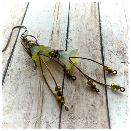 Lemon Drop Fairy Flower Cascade Earrings in Antique Bronze, Lucite Flower Earrings