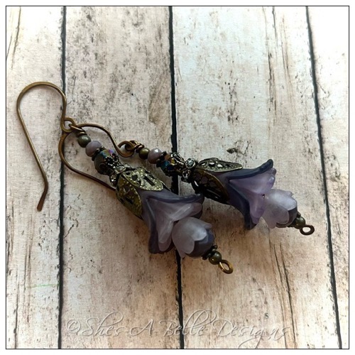 Wild Grapevine Fairy Flower Trumpet Trail Earrings in Antique Bronze, Lucite Flower Earrings