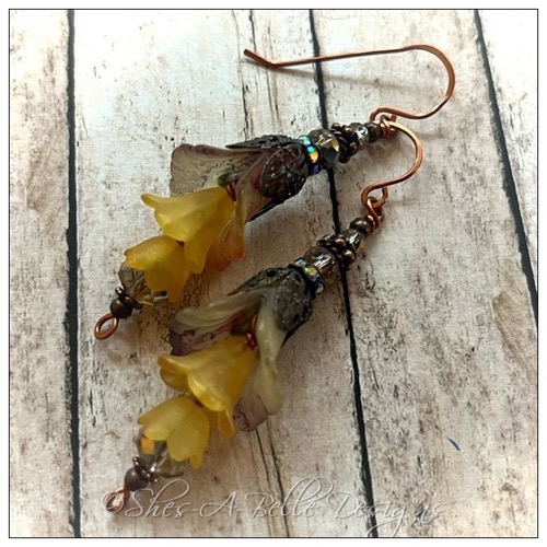 Sunset Fairy Flower Trumpet Trail Earrings in Antique Copper, Lucite Flower Earrings