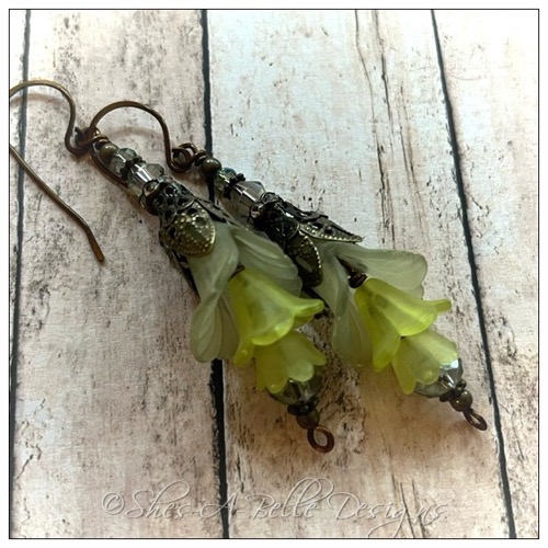 Lime Tree Fairy Flower Trumpet Trail Earrings in Antique Bronze, Lucite Flower Earrings