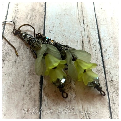 Lime Tree Fairy Flower Trumpet Trail Earrings in Antique Bronze, Lucite Flower Earrings