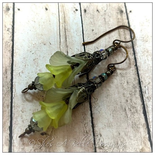 Lime Tree Fairy Flower Trumpet Trail Earrings in Antique Bronze, Lucite Flower Earrings