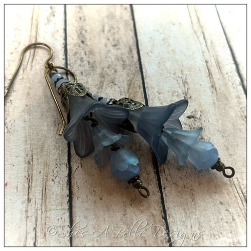 Blue Spruce Fairy Flower Trumpet Trail Earrings in Antique Bronze, Lucite Flower Earrings