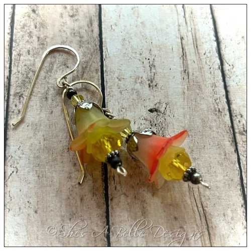 Strawberry Lemonade Fairy Flower Drop Earrings in Antique Silver, Lucite Flower Earrings