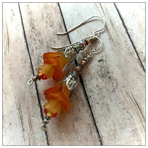 Orange Blossom Fairy Flower Drop Earrings in Antique Silver, Lucite Flower Earrings