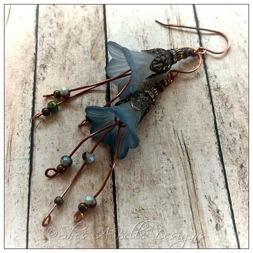 Blue Spruce Fairy Flower Cascade  Earrings in Antique Copper, Lucite Flower Earrings