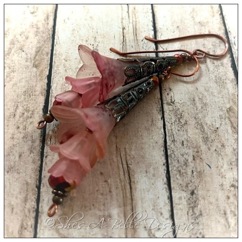 Cherry Blossom Fairy Flower Trumpet Trail Earrings in Antique Copper, Lucite Flower Earrings