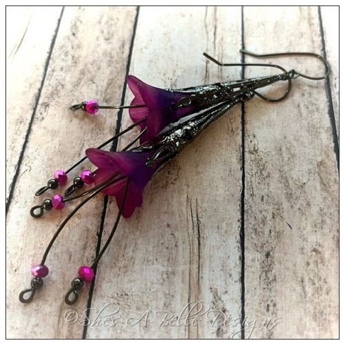Blackberry Fairy Flower Trumpet Cascade Earrings in Gunmetal, Lucite Flower Earrings