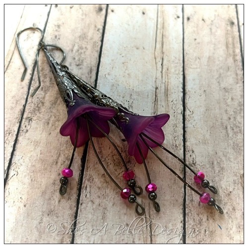 Blackberry Fairy Flower Trumpet Cascade Earrings in Gunmetal, Lucite Flower Earrings