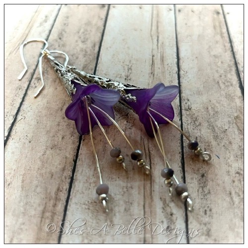 Periwinkle Flower Fairy Trumpet Cascade Earrings in Antique Silver, Lucite Flower Earrings