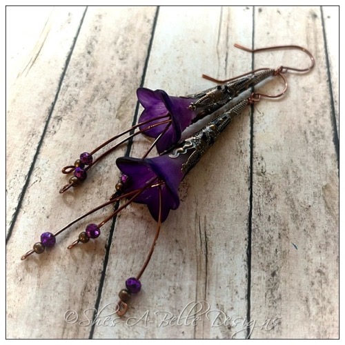 Blackberry Fairy Flower Trumpet Cascade Earrings in Antique Copper, Lucite Flower Earrings
