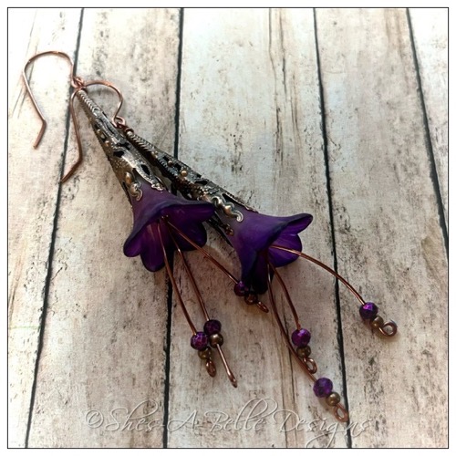 Blackberry Fairy Flower Trumpet Cascade Earrings in Antique Copper, Lucite Flower Earrings