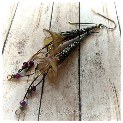 Springtime Fairy Flower Trumpet Cascade Earrings in Antique Bronze, Lucite Flower Earrings