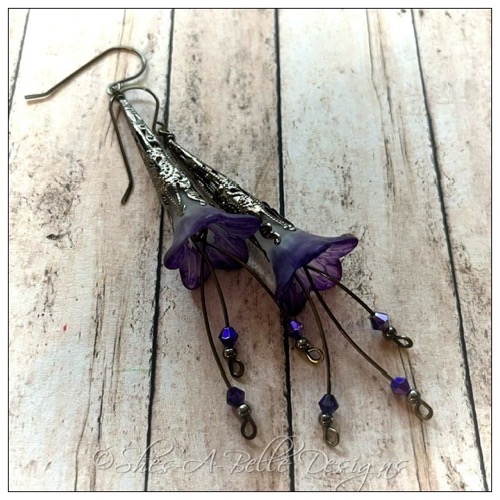 Periwinkle Fairy Flower Trumpet Cascade Earrings in Gunmetal, Lucite Flower Earrings