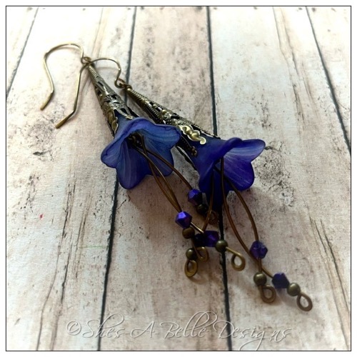 Morning Glory Fairy Flower Trumpet Cascade Earrings in Antique Bronze, Lucite Flower Earrings
