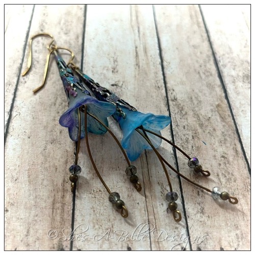 Forget-Me-Not Fairy Flower Trumpet Cascade Earrings in Colorized Antique Bronze, Lucite Flower Earrings