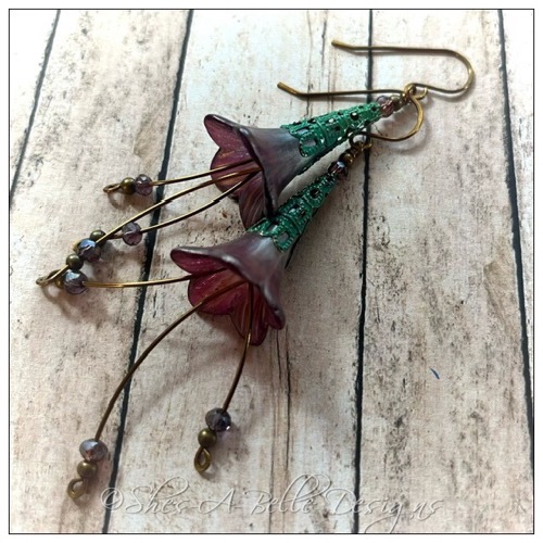 Blackberry Fairy Flower Trumpet Cascade Earrings in Antique Bronze Patina, Lucite Flower Earrings