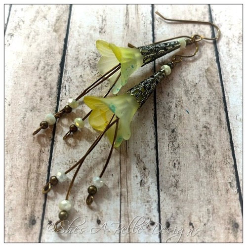 Lemon Drop Fairy Flower Trumpet Cascade Earrings in Antique Bronze, Lucite Flower Earrings