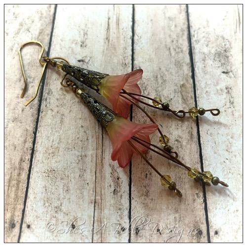 Sunset Fairy Flower Trumpet Cascade Earrings in Antique Bronze, Lucite Flower Earrings