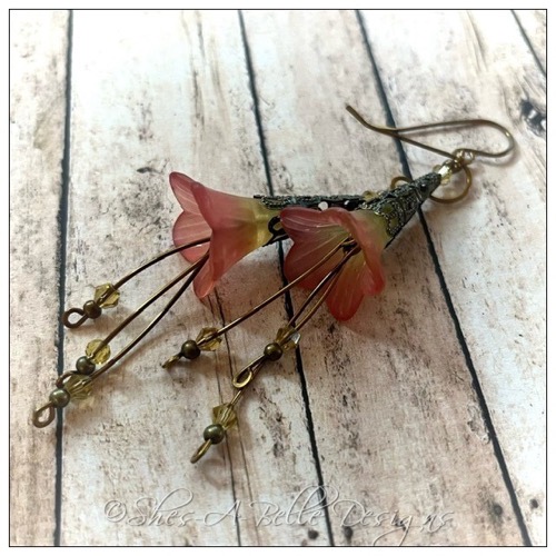 Sunset Fairy Flower Trumpet Cascade Earrings in Antique Bronze, Lucite Flower Earrings