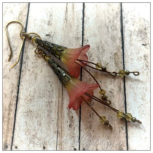 Sunset Fairy Flower Trumpet Cascade Earrings in Antique Bronze, Lucite Flower Earrings