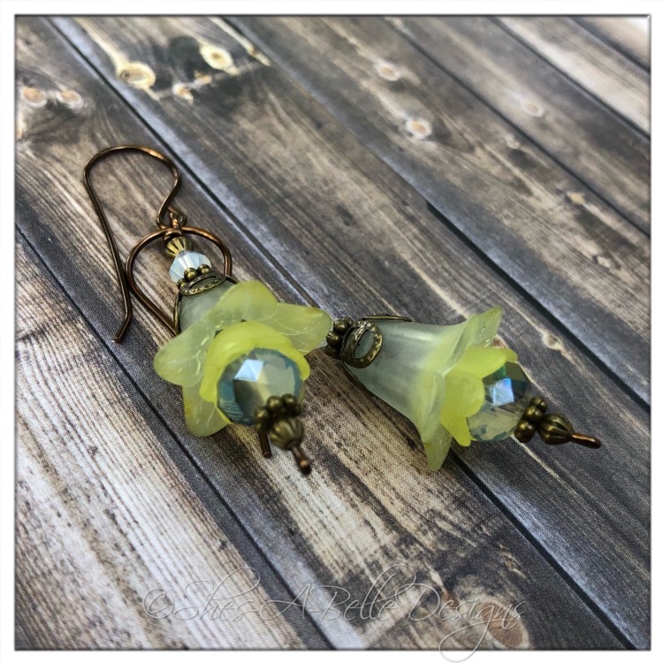 Lime Tree Fairy Flower Drop Earrings in Antique Bronze, Lucite Flower Earrings