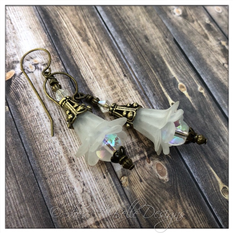 Snowflake Fairy Flower Drop Earrings in Antique Bronze, Lucite Flower Earrings