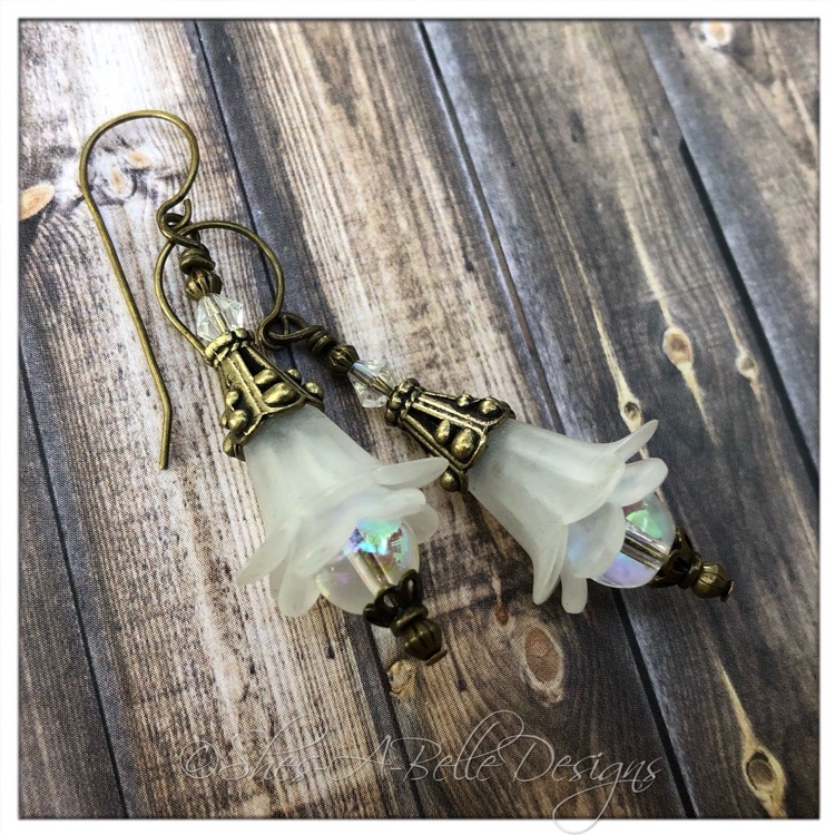 Snowflake Fairy Flower Drop Earrings in Antique Bronze, Lucite Flower Earrings