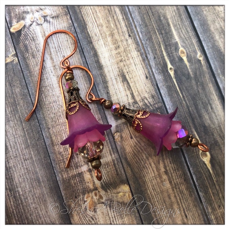 Clover Fairy Flower Drop Earrings in Antique Copper, Lucite Flower Earrings