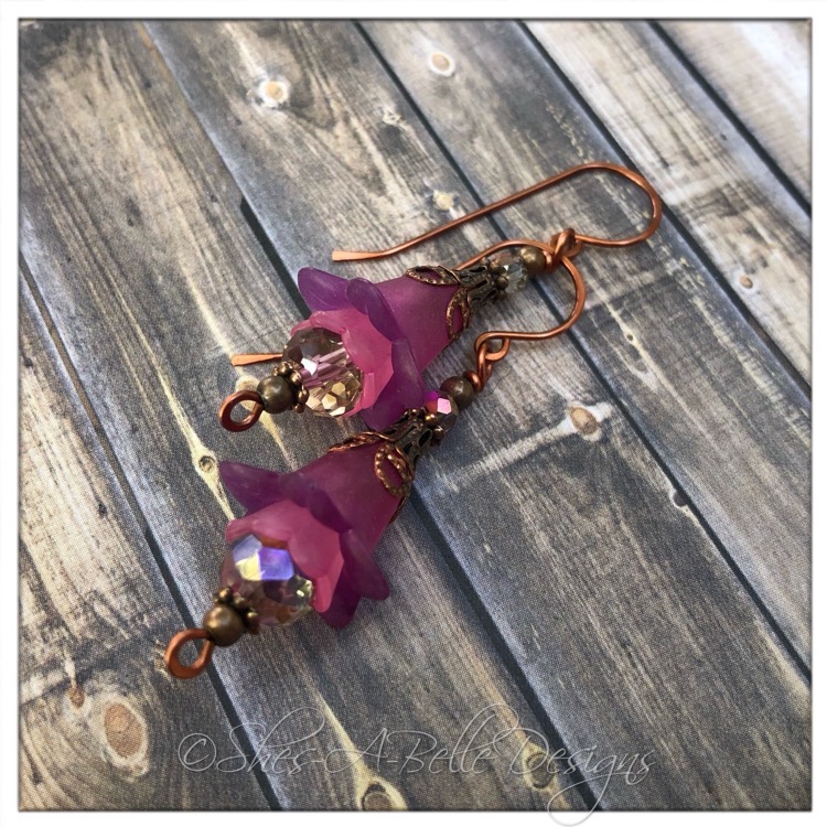 Clover Fairy Flower Drop Earrings in Antique Copper, Lucite Flower Earrings