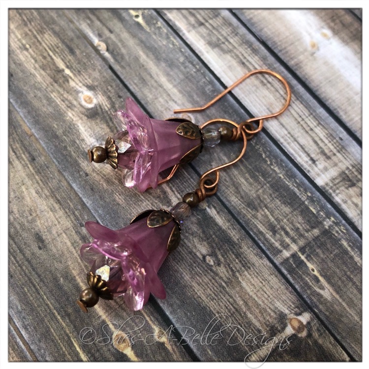 French Lilac Fairy Flower Drop Earrings in Antique Copper, Lucite Flower Earrings