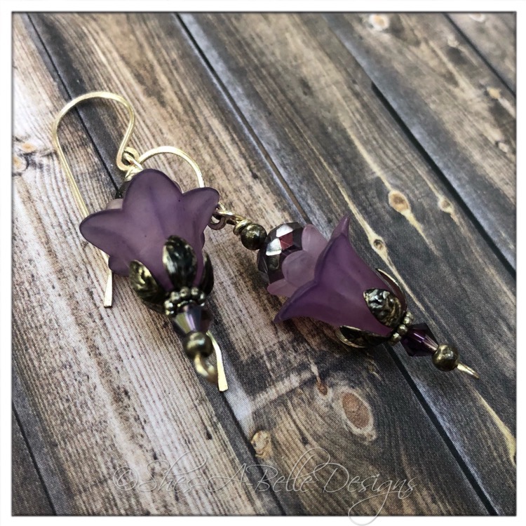 French Lilac Fairy Flower Upside Down Drop Earrings in Antique Silver, Lucite Flower Earrings