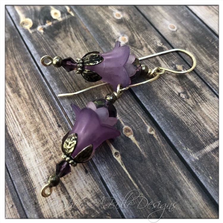 French Lilac Fairy Flower Upside Down Drop Earrings in Antique Silver, Lucite Flower Earrings