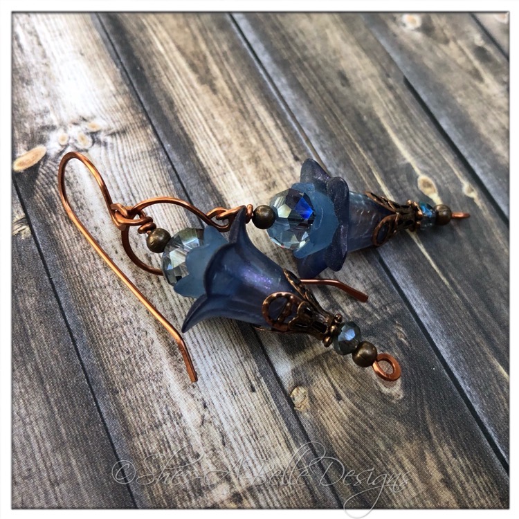 Morning Glory Fairy Flower Beaded Upside Down Drop Earrings in Antique Copper, Lucite Flower Earrings