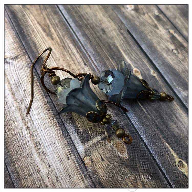 Blueberry Fairy Flower Upside Down Drop Earrings in Antique Bronze, Lucite Flower Earrings
