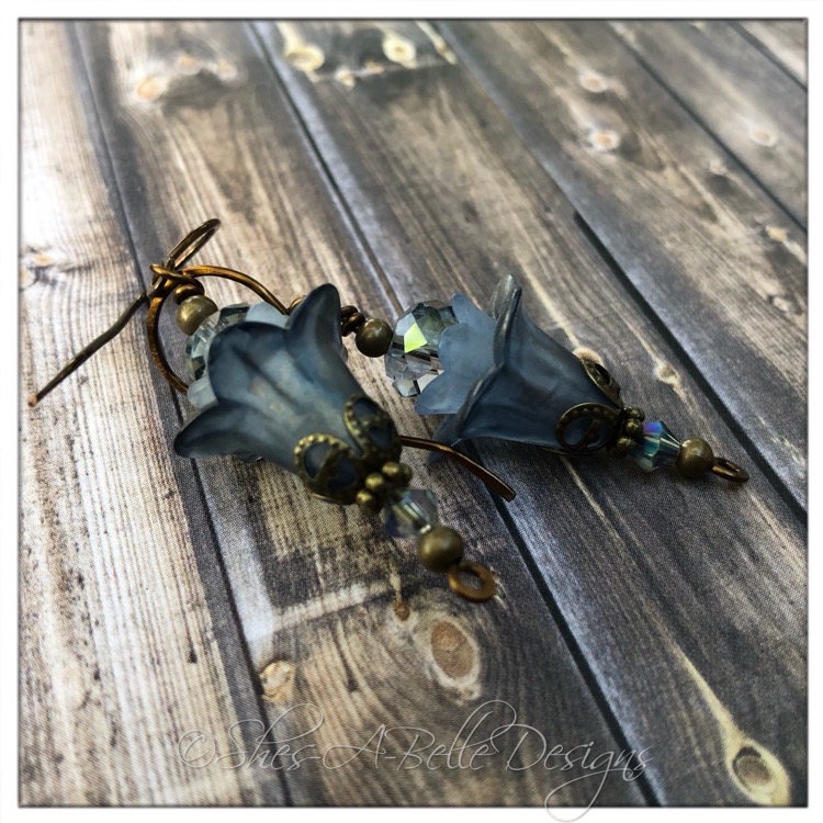 Blueberry Fairy Flower Upside Down Drop Earrings in Antique Bronze, Lucite Flower Earrings