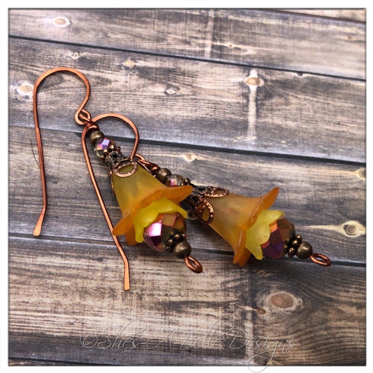 Orange Blossom Fairy Flower Drop Earrings in Antique Copper, Lucite Flower Earrings