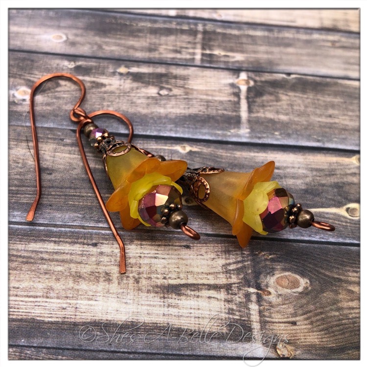 Orange Blossom Fairy Flower Drop Earrings in Antique Copper, Lucite Flower Earrings