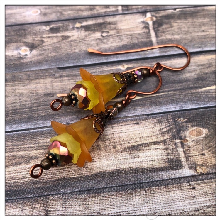 Orange Blossom Fairy Flower Drop Earrings in Antique Copper, Lucite Flower Earrings