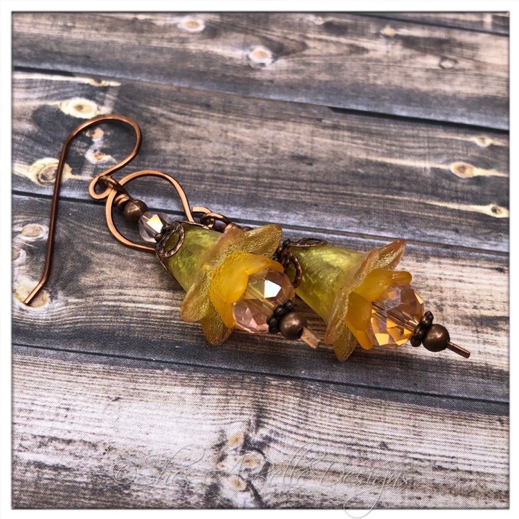 Sunflower Fairy Flower Drop Earrings in Antique Copper, Lucite Flower Earrings