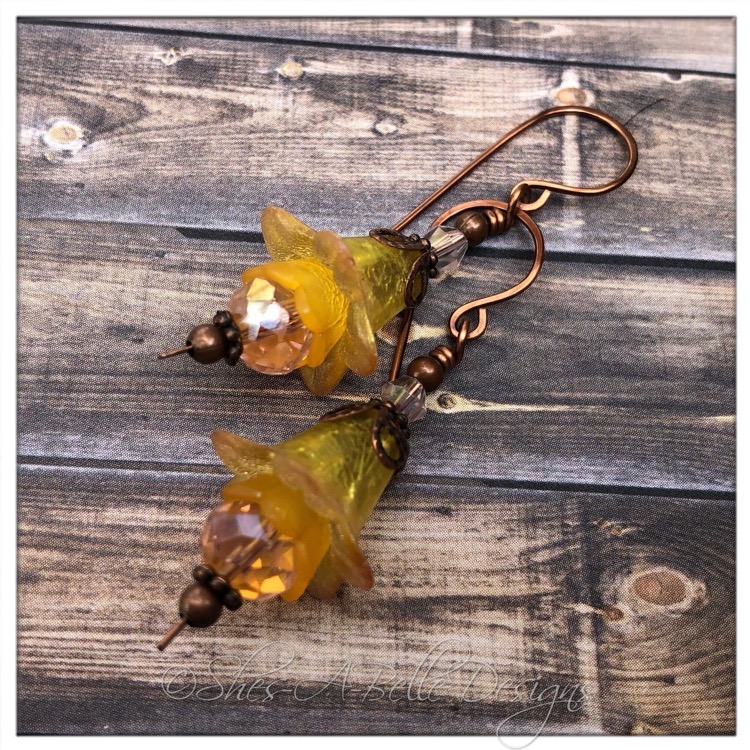 Sunflower Fairy Flower Drop Earrings in Antique Copper, Lucite Flower Earrings