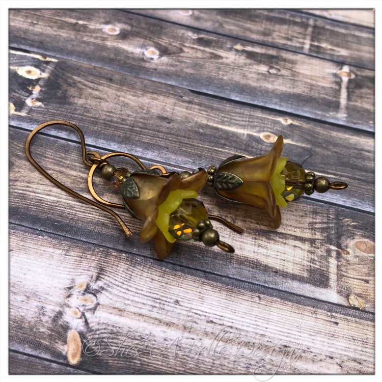 Sunflower Fairy Flower Drop Earrings in Antique Bronze, Lucite Flower Earrings