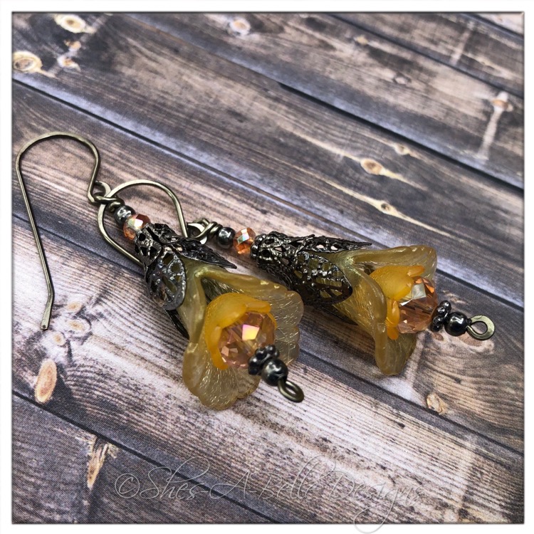 Sunflower Fairy Flower Drop Earrings in Gunmetal, Lucite Flower Earrings