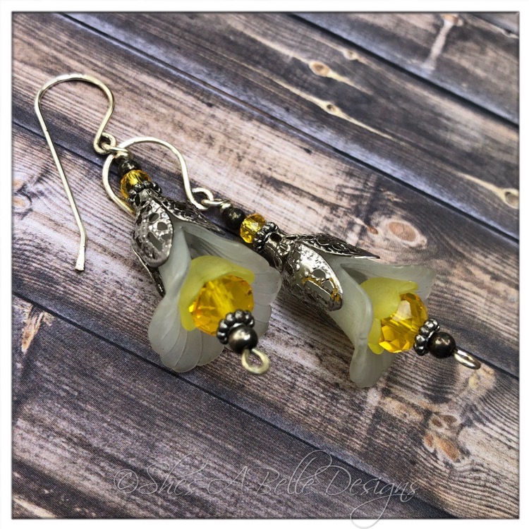 Lemon Drop Fairy Flower Drop Earrings in Antique Silver, Lucite Flower Earrings