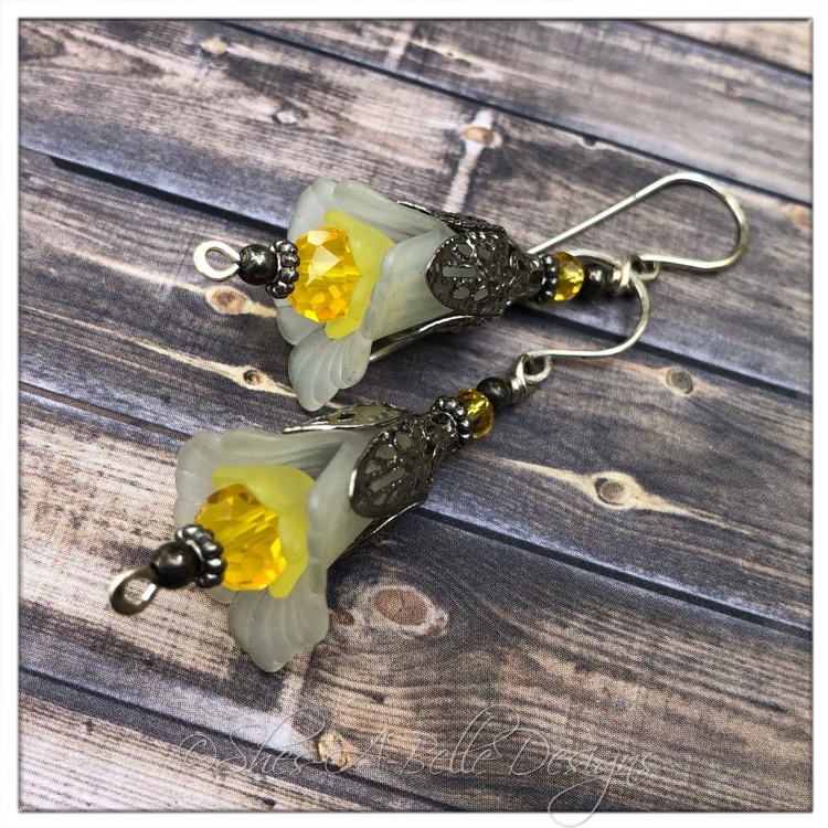 Lemon Drop Fairy Flower Drop Earrings in Antique Silver, Lucite Flower Earrings