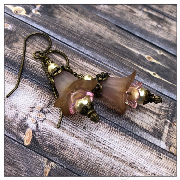 Victorian Rose Fairy Flower Drop Earrings in Antique Bronze, Lucite Flower Earrings