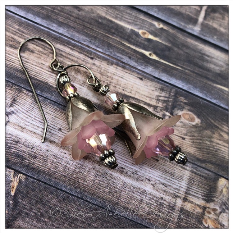 Apple Blossom Fairy Flower Drop Earrings in Antique Silver, Lucite Flower Earrings