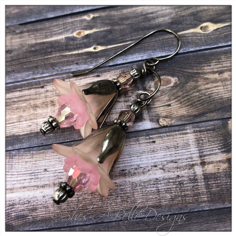 Apple Blossom Fairy Flower Drop Earrings in Antique Silver, Lucite Flower Earrings