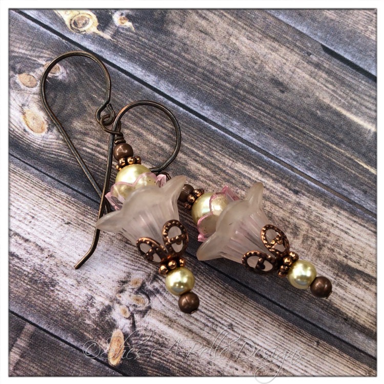 Apple Blossom Fairy Flower Upside Down Drop Earrings in Antique Copper, Lucite Flower Earrings